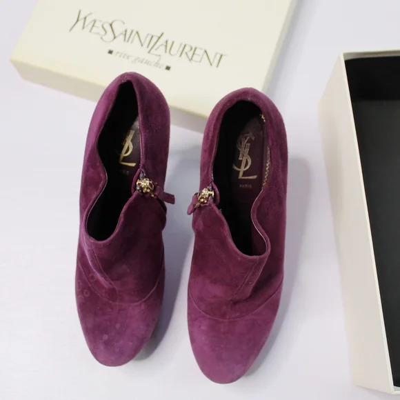 Yves Saint Laurent Plum Suede Platform Booties - Picture 3 of 15